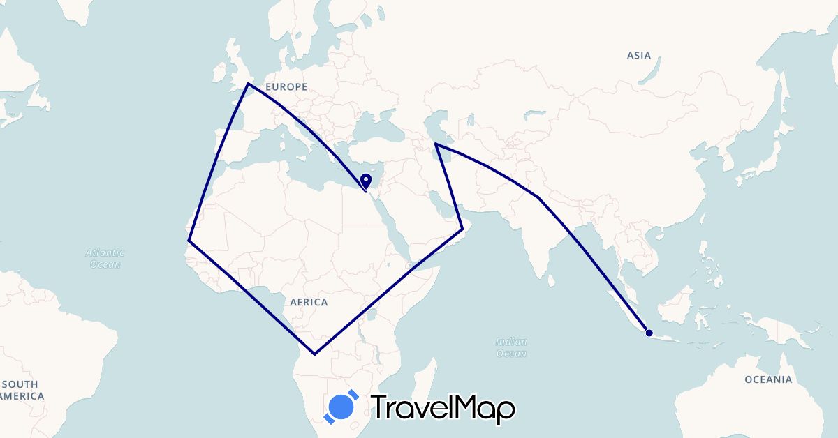 TravelMap itinerary: driving in Angola, Azerbaijan, Egypt, United Kingdom, Indonesia, India, Mauritania, Oman (Africa, Asia, Europe)